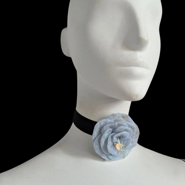 Blue LED Rose Choker - Velvet Necklace with Illuminated Flower - Light Up Jewelry Design for Costume Parties - Bridgerton Rave Halloween Event - Marie Antoinette Costume Jewelry