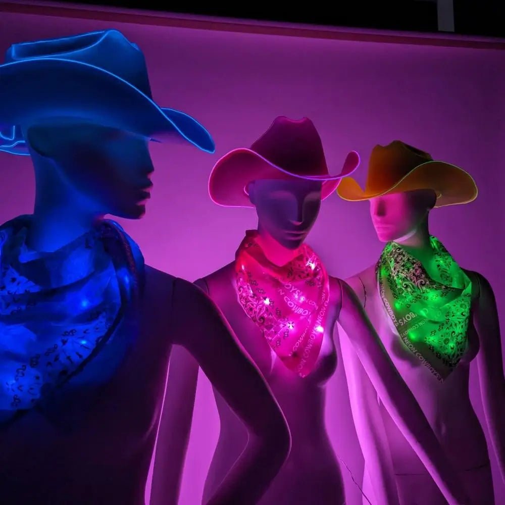 Light up Bandana - Neon Cowboys - LED Bandanas and Cowboy Hats for Cowgirls - Glow Western Accessories for Beyonce Cowboy Carter Tour - EDM Festival Fashion Sexy Costume Set