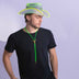 Man in green cowboy hat wearing matching green light up bolo tie with casual t-shirt demonstrating versatile fashion for football tailgating and saint patricks day event party