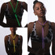 Collage of person wearing green light up bolo tie showing versatile styling options for both casual and formal western inspired cowgirl outfits