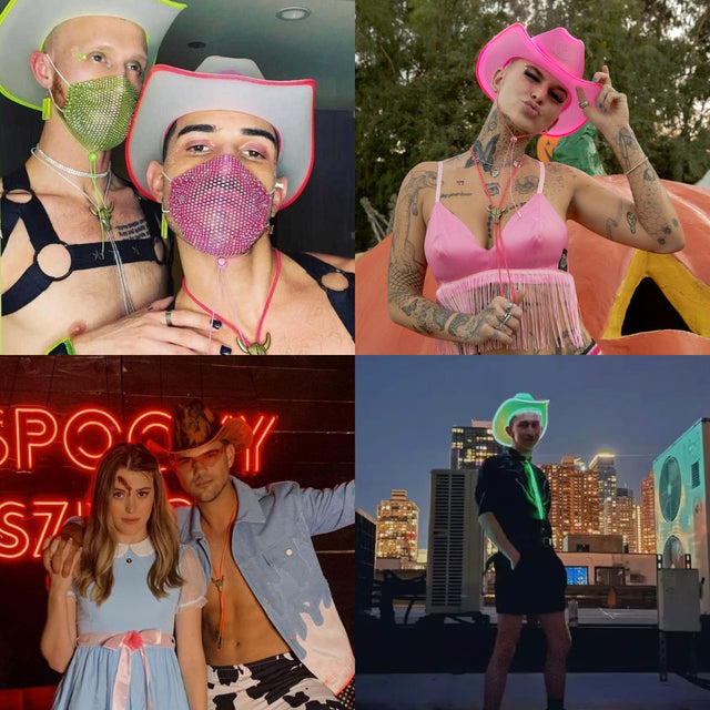 Group of people wearing various colored light-up bolo ties at outdoor event demonstrating popularity for group outfits and themed parties