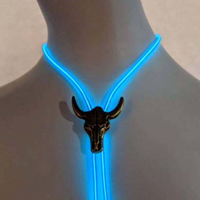 Blue illuminated bolo tie with black cattle clasp detail showing craftsmanship and adjustable features for perfect fit on any outfit
