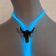 Blue illuminated bolo tie with black cattle clasp detail showing craftsmanship and adjustable features for perfect fit on any outfit