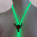 Green illuminated bolo tie closeup showing bright color option and black cattle clasp detail for modern cowboy style and western rave wear
