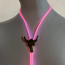 Pink illuminated bolo tie with black cattle clasp showing vibrant neon color option ideal for festival outfits and country concert accessories, space cowgirl halloween costums