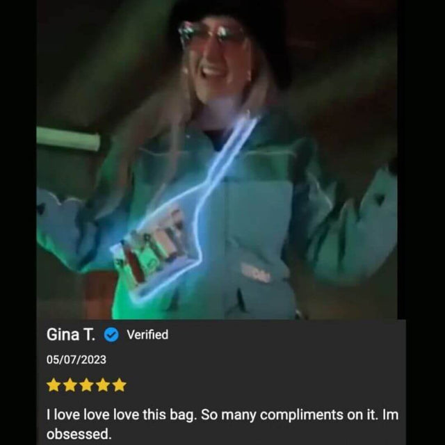 Person wearing illuminated fanny pack at concert with five-star customer review highlighting stand-out festival accessory that receives compliments