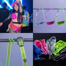 Collection of colorful light up fanny packs in neon pink blue and yellow perfect for coordinated festival squad accessories and party groups