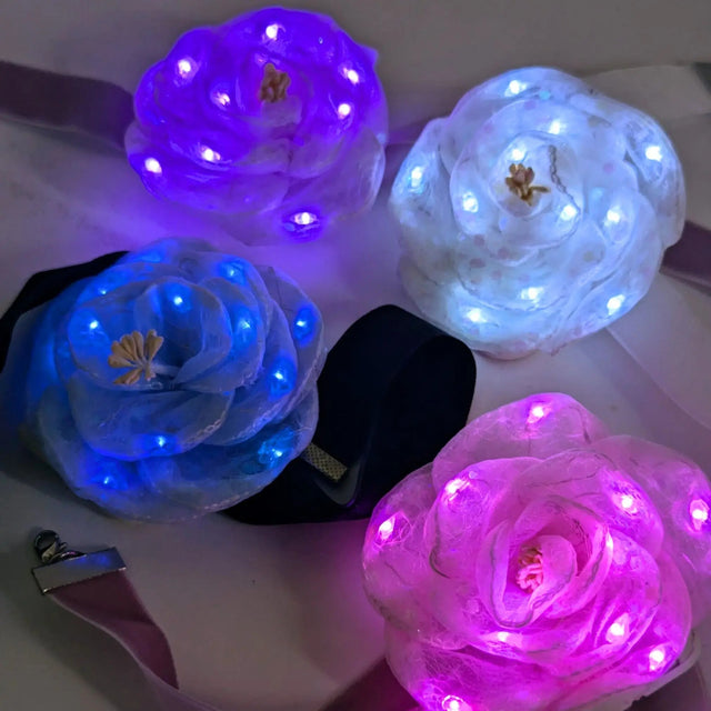 Light Up Flower Choker Close Up - Blue, White, Purple and Pink LED Roses - Glowing Floral Centerpieces with Bright Illumination for Glow Parties, EDM Raves, Music Festivlals, Concerts and Event Partes in any city