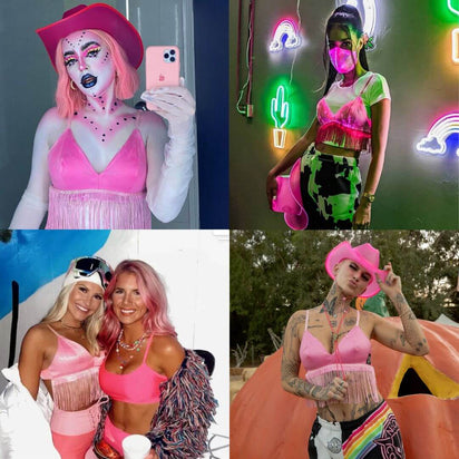 Collage of space cowgirl themed light up fringe bralette styling ideas perfect for Halloween costume parties including pink cowboy hat neon setting festival coordination and outdoor event outfits with cosmic western accessories