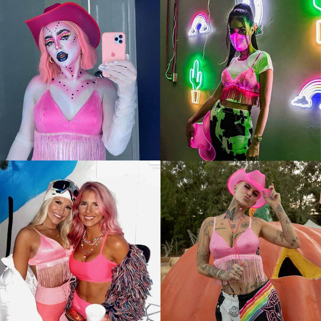 Collage of space cowgirl themed light up fringe bralette styling ideas perfect for Halloween costume parties including pink cowboy hat neon setting festival coordination and outdoor event outfits with cosmic western accessories