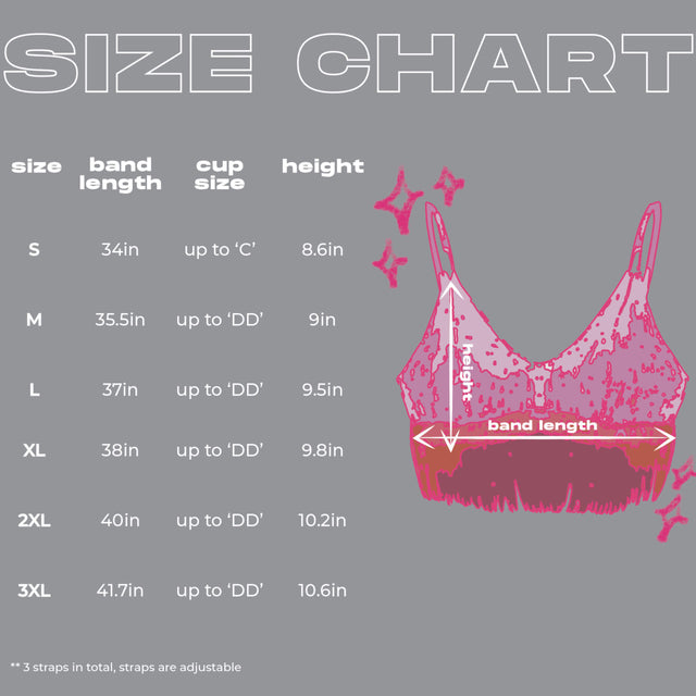 Size chart for light up fringe bralette showing measurement details and fit guide for custom western festival fashion