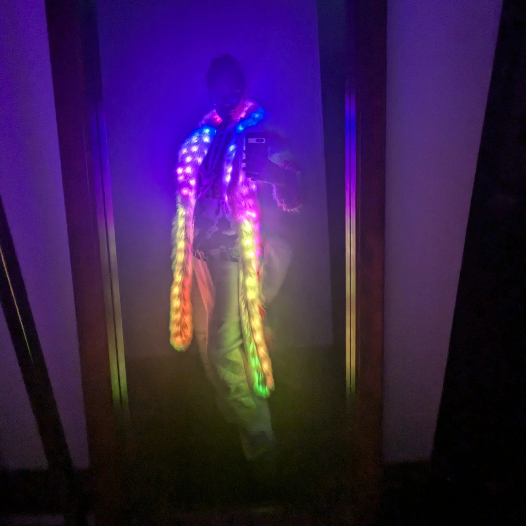 Light Up Fur Coat Glowing in Dark Setting - Colorful LED Trench Coat - Illuminated Faux Fur Fashion for New Year Parties - Halloween Music Festivals Mardi Gras Glow Events
