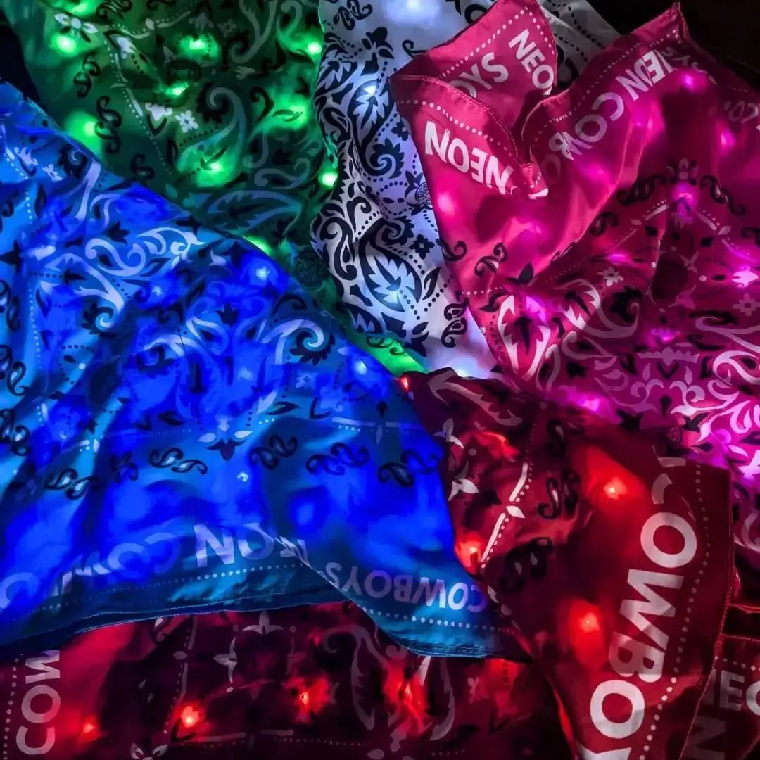 Pink, White, Green, Blue, Red, Purple LED Bandana Luxury Detail - Light Up Western Accessory for Halloween Costumes - Glowing Cowboy Neck Scarf for Space Cowgirl Apparel