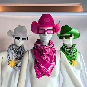 Light Up Cowboy Hat Trio - Pink, White and Green LED Western Hats with Matching Bandanas Glow Sunglasses - Festival Fashion Set Friends Group