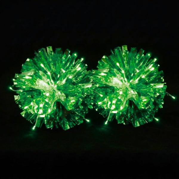 Glowing green LED light-up pom poms shown lit — rechargeable, remote-controlled color-changing cheerleading pom poms, a pair for cheer, dance and night games.