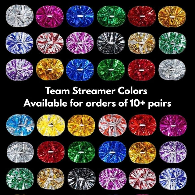 Team streamer colors for LED pom poms, custom colors available for orders of 10 or more pairs