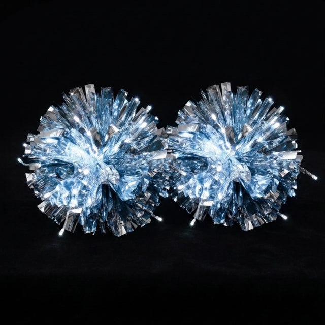 Glowing white LED light-up pom poms, a pair of rechargeable color-changing cheer poms lit up bright for cheerleaders, dance teams, raves and game day