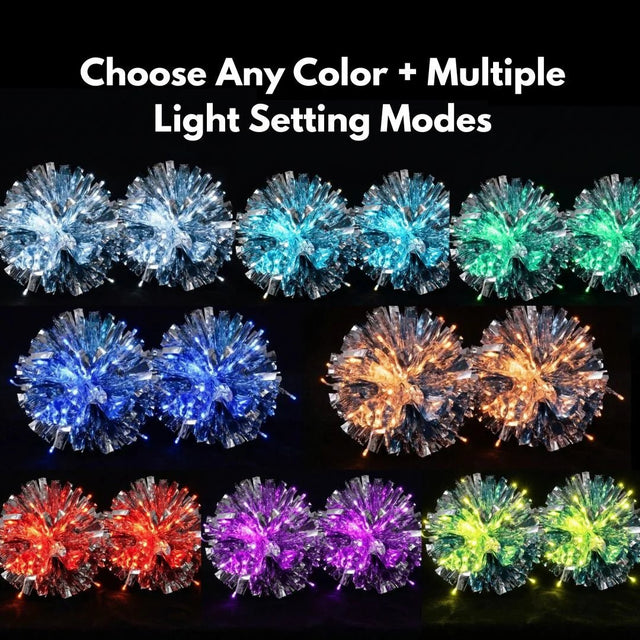 Color-changing LED light-up pom poms in white, blue, green, red, purple, orange and more, glow poms with multiple light modes for cheer, raves and game day
