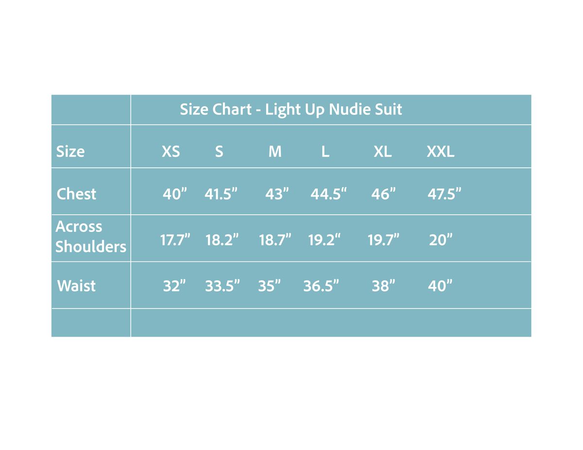 Size chart showing measurements for custom-made light up nudie suit jackets ensuring perfect fit for performance wear and festival fashion statements