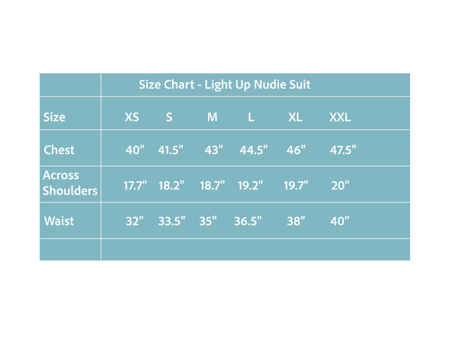 Size chart showing measurements for custom-made light up nudie suit jackets ensuring perfect fit for performance wear and festival fashion statements