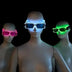 Collection of colorful LED sunglasses on female heads - Assortment of illuminated party eyewear for group costumes, themed celebrations, concert accessories, and photo booth props