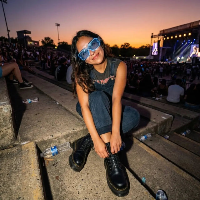 Blue clear LED light up party sunglasses on a mannequin head with the battery pack visible, showing the rechargeable glow of these futuristic festival sunglasses for raves, EDM concerts, and glow parties, Neon Cowboys