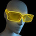 Yellow glowing LED light up square party sunglasses shown on a mannequin head against a black background, illuminated futuristic party glasses and festival sunglasses for raves, EDC, and costume parties, Neon Cowboys