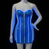 A clear blue light up LED PVC mini dress with glowing LED seams on a mannequin against black, a custom made to order light up dress and led dress, glowing stagewear and a performance outfit for go-go dancers, burlesque performers and drag at raves, festivals and nightclubs, Neon Cowboys