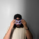 space cowboy LED sunglasses on man white silver futuristic glowing eyewear perfect for content creation social media photos fashion photography shoots