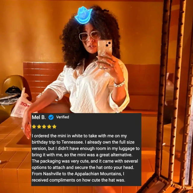 Travel influencer showcasing blue mini neon cowboys hat for vacation nightlife destination parties and beach club events in tropical locations