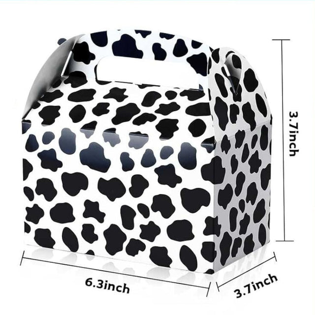Cow print mystery box showing dimensions - Size reference of curated surprise package containing over $65 worth of light-up accessories, perfect for birthdays, holiday gifts, and personal treats