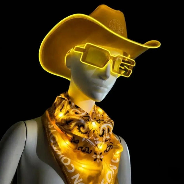 Neon Cowboy Bundle, mannequin in a yellow glowing LED light up cowboy hat, bandana and sunglasses on black, a yellow neon cowboy hat, glow bandana and party sunglasses party set for raves, music festivals, bachelorette and western costume parties, Neon Cowboys