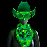 Green ligt up LED neon cowboy hat 3-pack bundle perfect for cyberpunk costumes futuristic parties and sci-fi themed events matching LED bandana and el wire sunglasses for matching cowgirl halloween outfit