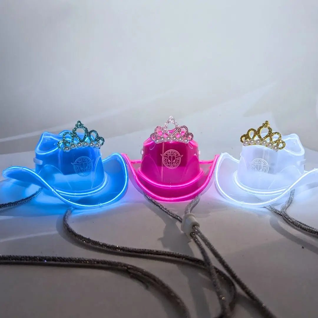 Neon Cowboy Hat Color Options for Birthday Bash - Pink, Blue and White LED Hats - Space Cowgirl Party Accessories for Bachelorettes and College Birthday Celebrations in Las Vegas, Nashville and Texas