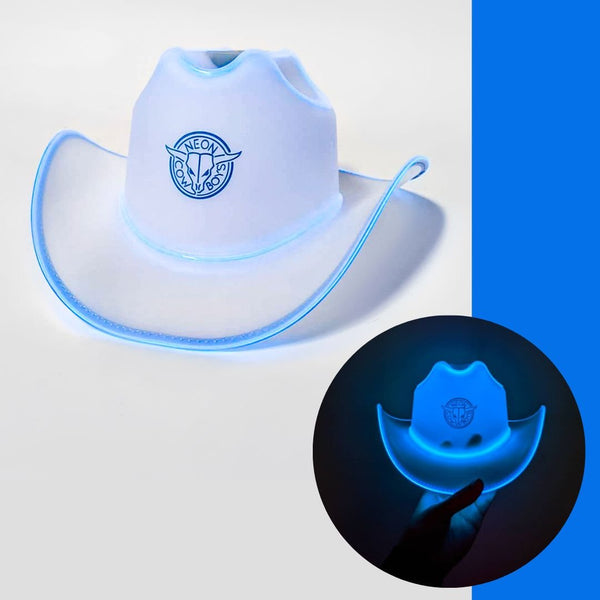 White clear plastic LED light up cowboy hat glowing blue along the brim shown lit and unlit, neon cowboy hat and glow in the dark cowboy hat with colored lights for raves, country concerts, and western costumes, Neon Cowboys
