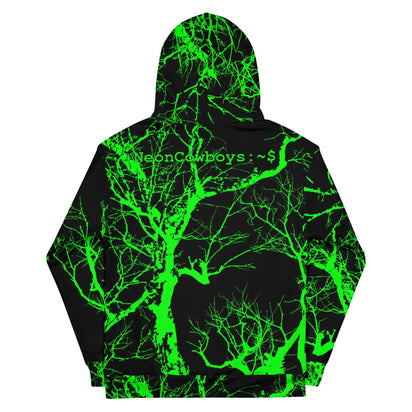Front view of neon green forest camo pattern hoodie showing vibrant glowing design perfect for outdoor festivals and nighttime events