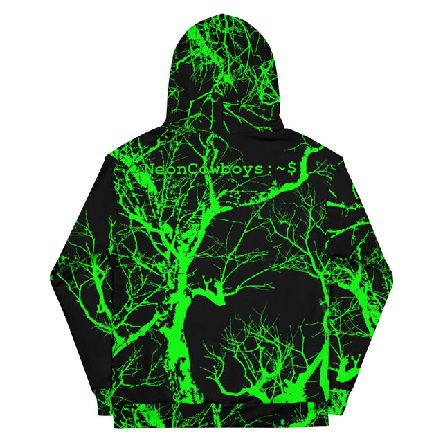 Front view of neon green forest camo pattern hoodie showing vibrant glowing design perfect for outdoor festivals and nighttime events