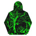 Front view of neon green forest camo pattern hoodie showing vibrant glowing design perfect for outdoor festivals and nighttime events