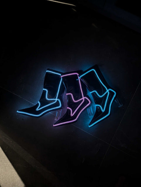 Out Past Midnight Boots - Black PVC with Blue Lights (Ships from Factory in Vietnam. Estimated delivery 3 weeks) - Neon Cowboys - 