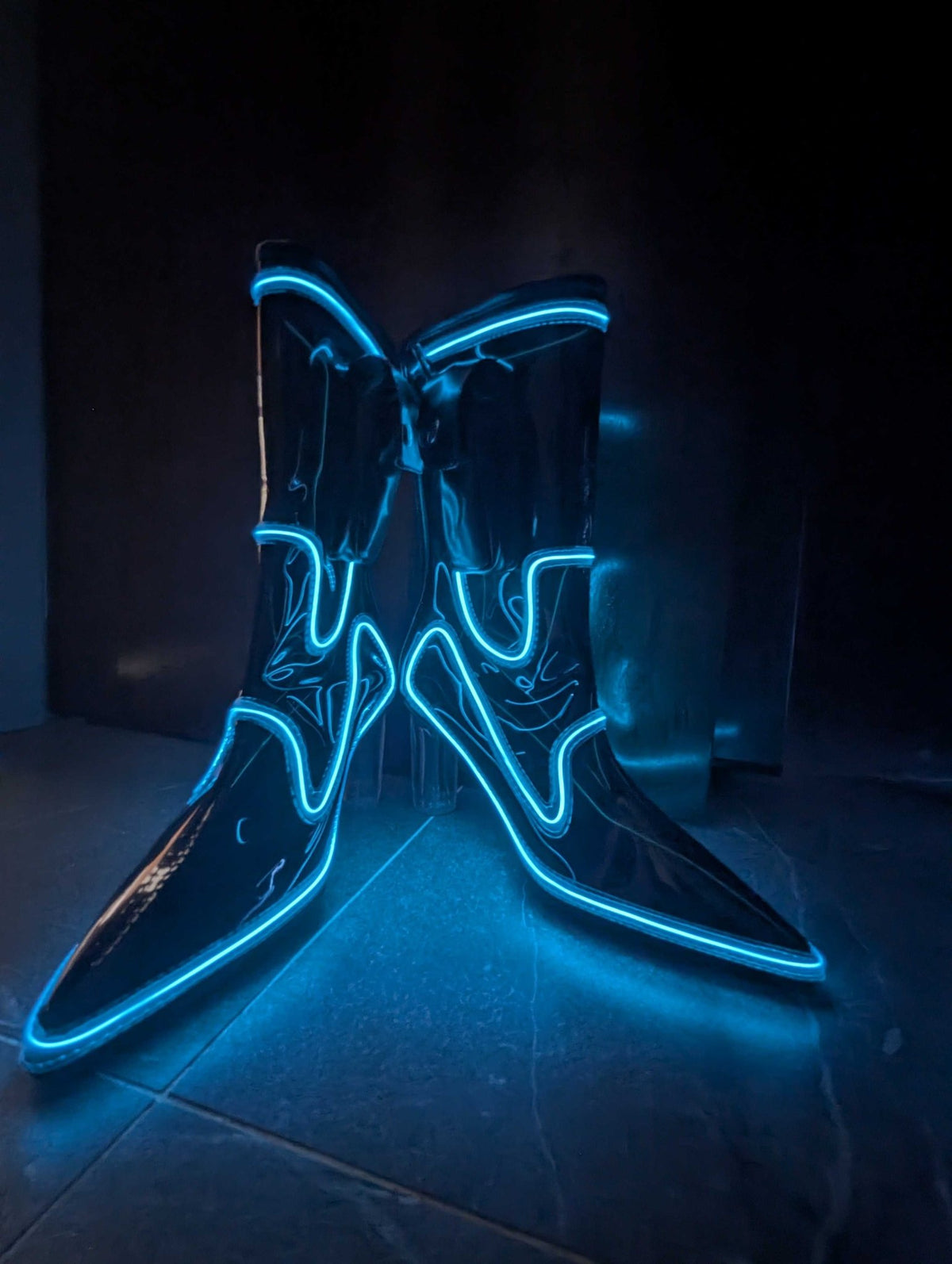Out Past Midnight Boots - Black PVC with Blue Lights (Ships from Factory in Vietnam. Estimated delivery 3 weeks) - Neon Cowboys - 