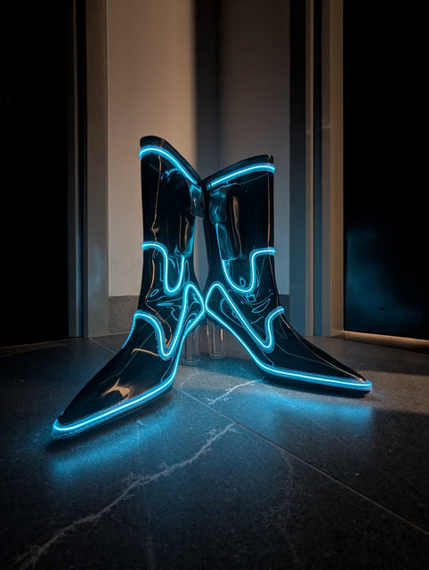 Out Past Midnight Boots - Black PVC with Blue Lights (Ships from Factory in Vietnam. Estimated delivery 3 weeks) - Neon Cowboys - 