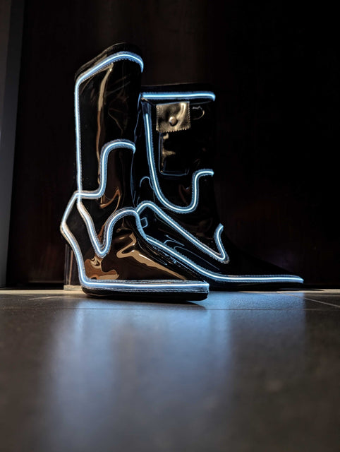 Out Past Midnight Boots - Black PVC with White Lights (Ships from Factory in Vietnam. Estimated delivery 3 weeks) - Neon Cowboys - 