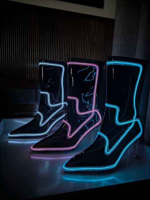 Out Past Midnight Boots - Black PVC with White Lights (Ships from Factory in Vietnam. Estimated delivery 3 weeks) - Neon Cowboys - 