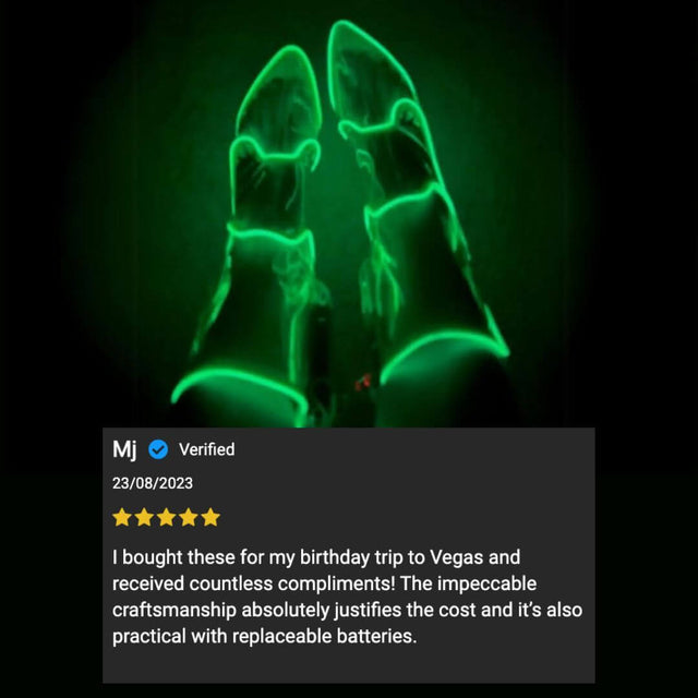 Customer review of green LED transparent boots with five-star rating showing satisfied festival-goer experience with comfortable light up footwear