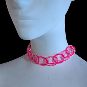 Pink LED Braided Macrame Choker - Y2K Retro Necklace - Light Up 2000s Fashion Jewelry - Nostalgic Millennium Inspired Accessory for Dance Parties and Music Festival Events