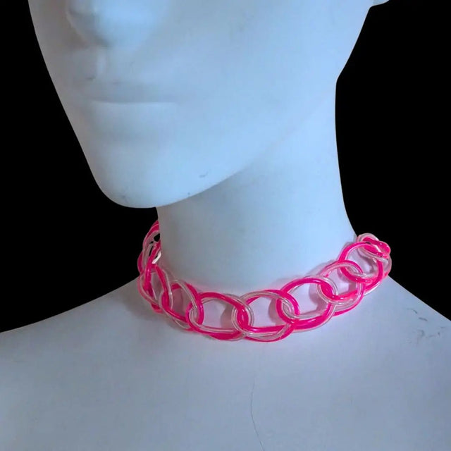 Pink LED Braided Macrame Choker - Y2K Retro Necklace - Light Up 2000s Fashion Jewelry - Nostalgic Millennium Inspired Accessory for Dance Parties and Music Festival Events