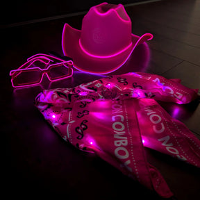 Pink LED Cowboy Hat with Matching  LED Bandana - Close-up of Glowing Space Cowgirl Concert Accessories - Bachelorette Light Up Fashion Set