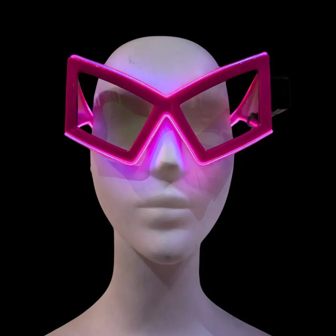 Pink LED Light Up Space Glasses on Mannequin - Light Up Party Accessory - Glowing Geometric Sunglasses for Space Cowgirl Costumes and Halloween