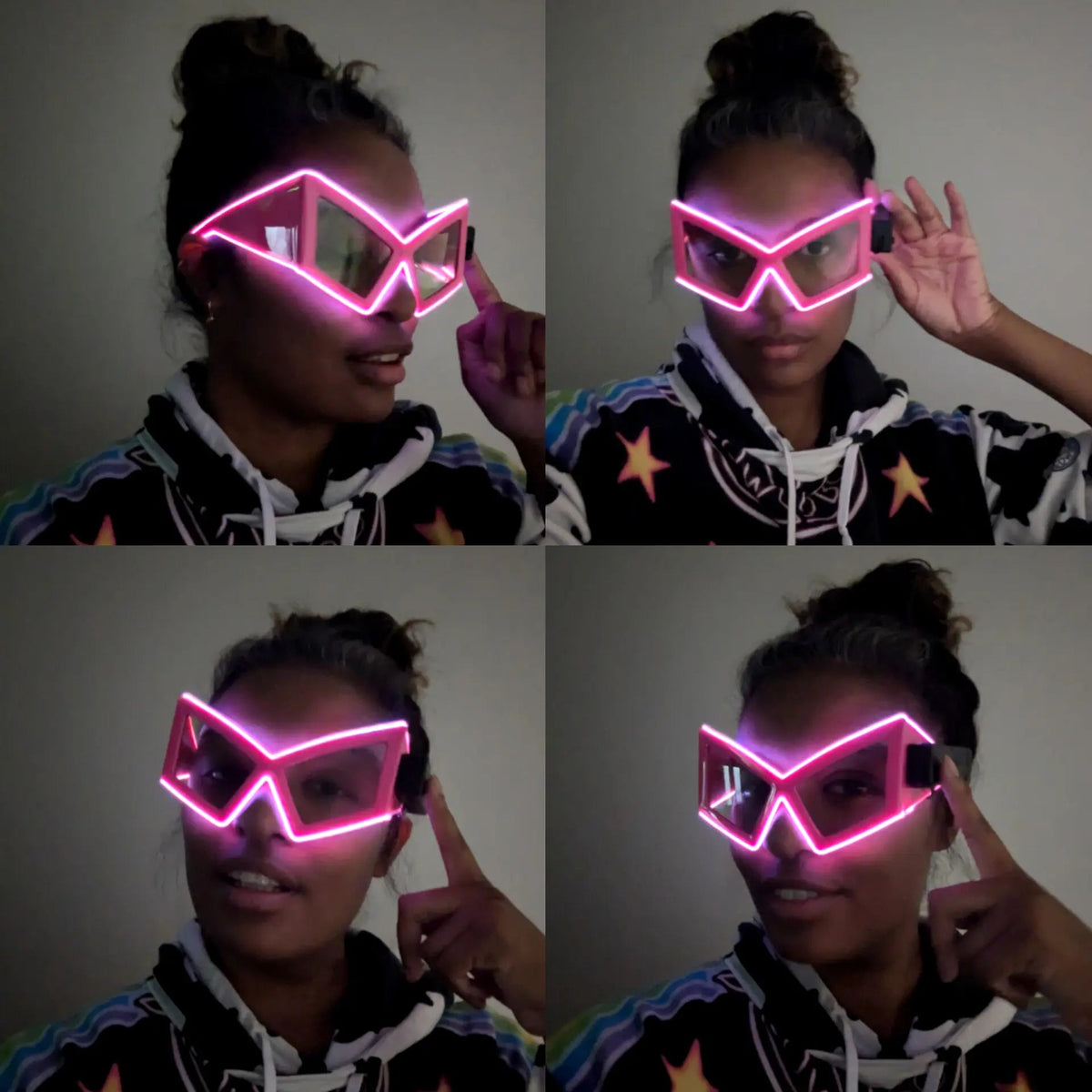 Pink Space Sunglasses Multiple Views on Girl - LED Light Up Eyewear Party Favors - Space Cowgirl Party Accessory for Halloween Costume or Glow Event