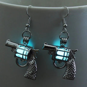 Pistol Earrings Glowing in the Dark - Side View of Silver Gun Jewelry - Statement Earrings with Green Illumination for Edgy Fashion Lovers - Cowgirl Themed Halloween Costume